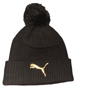 Black Womens Puma Beanie With Cuff, Pom Pom, & Gold Cat
